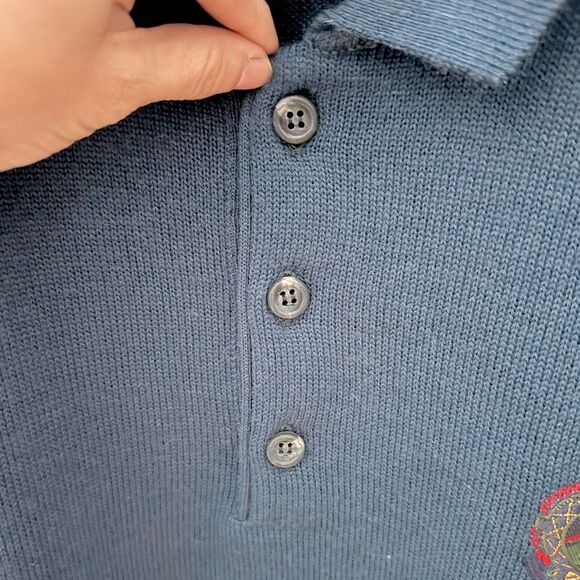 Vintage 1970s HUGO BOSS Men's Blue Pure New Wool Polo Sweater w/ Emblem Patch 50 - Picture 4 of 10